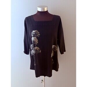 Cottonseed Causal Wear Top Sz M Black Painted Flowers Gauze Artsy Bohemian